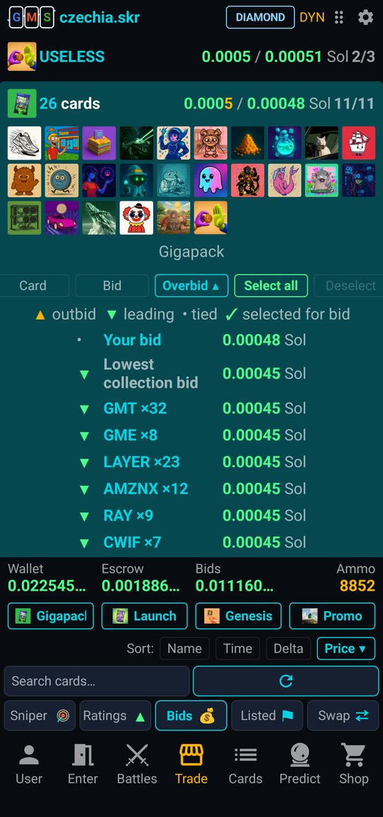 Trade › Bids — trait bid on selected Gigapack cards with outbid and leading markers