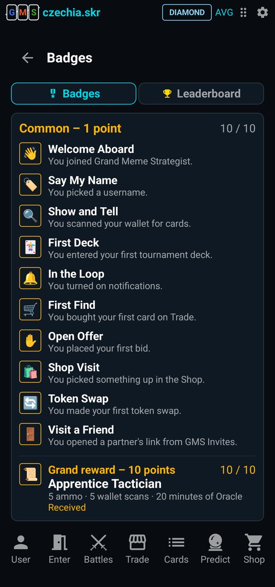 Badges — Common rarity complete, Apprentice Tactician grand reward received